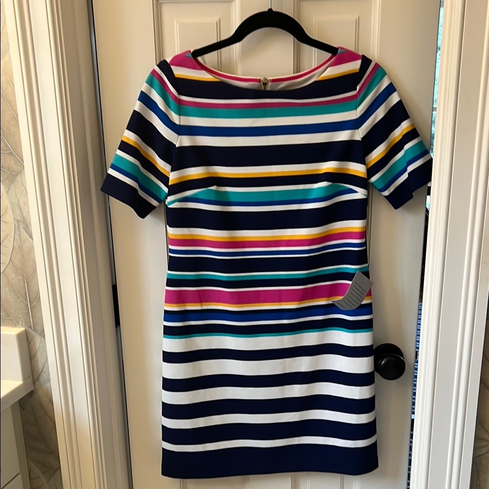 Blue and White Sheath Dress with Knee Length and Short Sleeves for Casual Work